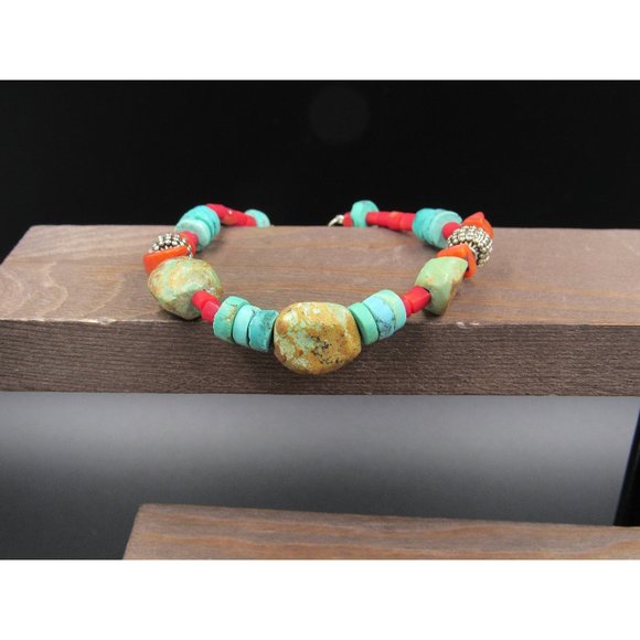 Jewelry - 8 Inch Sterling Silver Red Shell And Turquoise Stones Bracelet